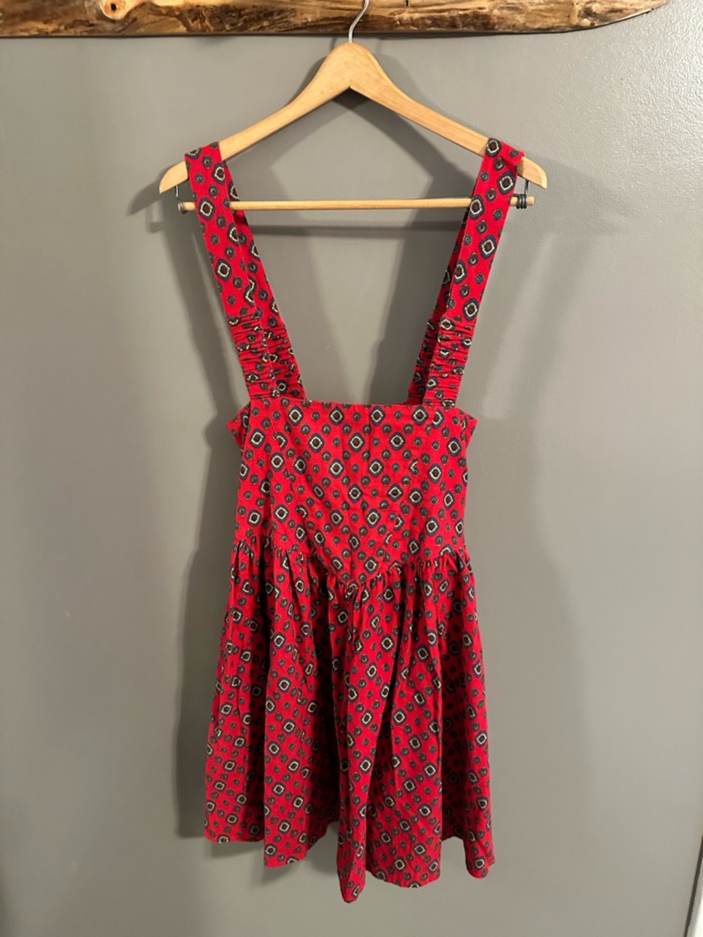 Red Cotton Dirndl - Midi Pinafore Dress with Geometric Pattern